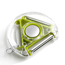 Multi-function round vegetable peeler for peeling and slicing.