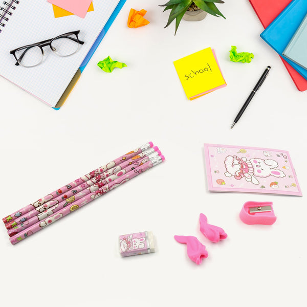 Kids' stationery kit with wooden pencils and sharpener.