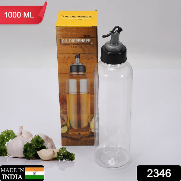 Clear plastic oil bottle, 1 liter, for easy dispensing.