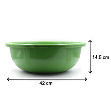 Spacious plastic bath tub for water storage and bathing.