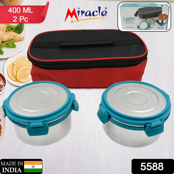 Miracle Carry Lunch Box Microwave Safe Lunch Box With Insulated Bag 2 Compartment Lunch Box (400 ML / 2 pc)